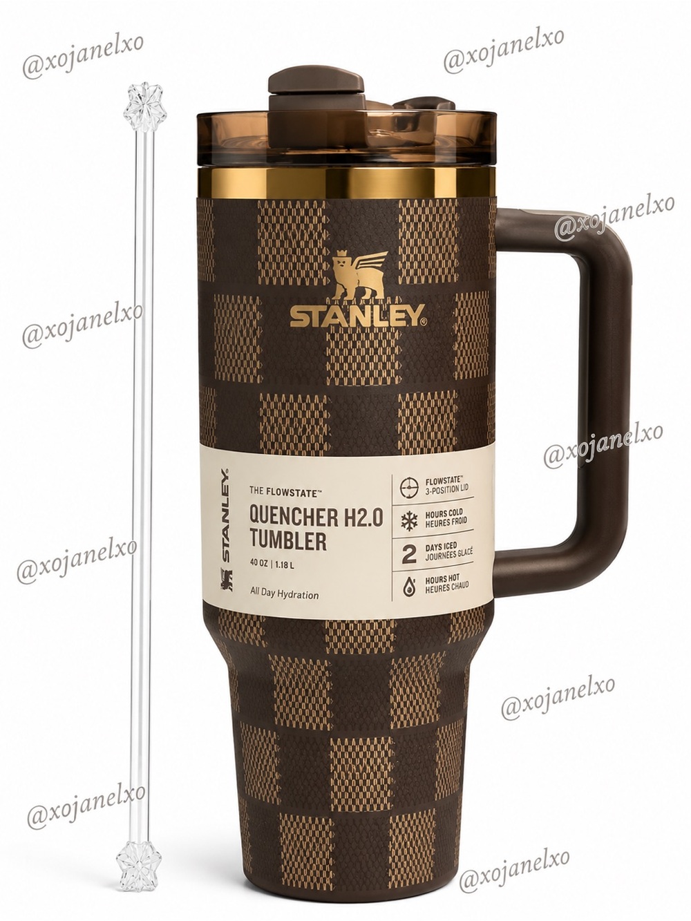 Stanley Chocolate Brown and Gold Checkered Tumbler with Handle